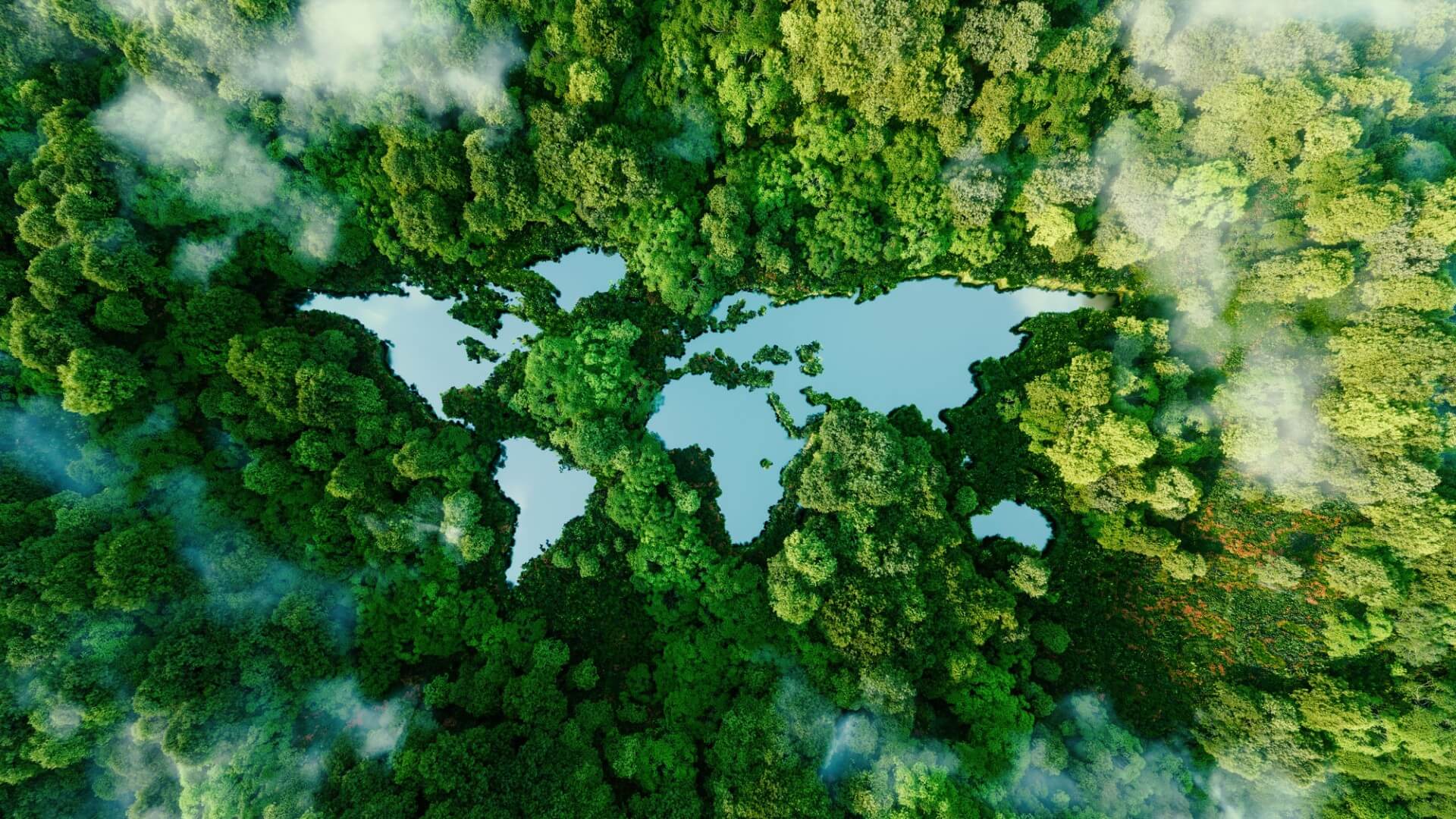 Aerial view of a lush green forest shaped like a world map with overlaid text promoting ImpactLearn Charter Partner opportunity for GIIN and CFA UK members